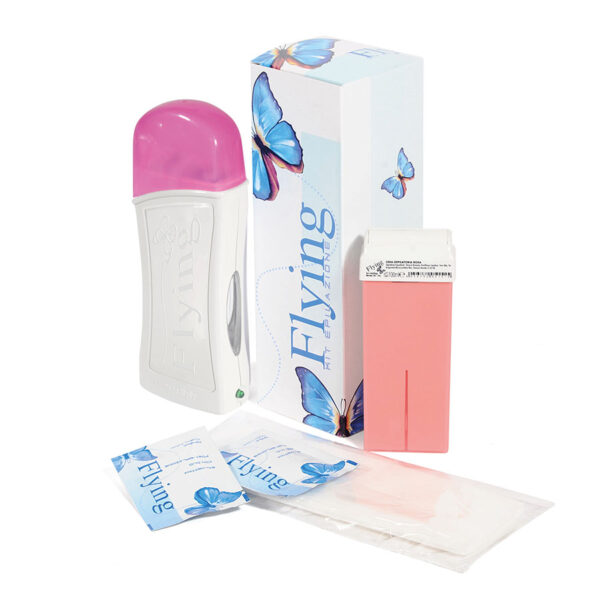 Kit epilazione FLYING: 1 manipolo scaldacera, 1 cartuccia, 20 strisce epilazione, 2 salviettine imbevute con olio dopocera