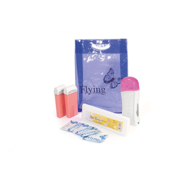 Kit epilazione FLYING LUX: 1 manipolo scaldacera, 2 cartucce, 1 box strisce epilazione, 4 salviettine imbevute con olio dopocera