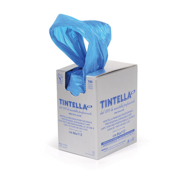 TINTELLA box, mantella in polietilene, cm 84x112, box dispenser da 50 pezzi estrazione singola